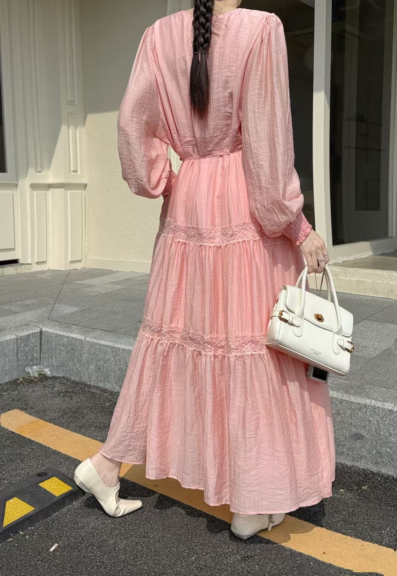 실사 부드러운 바람 여성 드레스 프랑스식 고급 센스 우아함 V넥 레이스 조각 싱글 줄 버튼 롱 스커트 상세 이미지 3