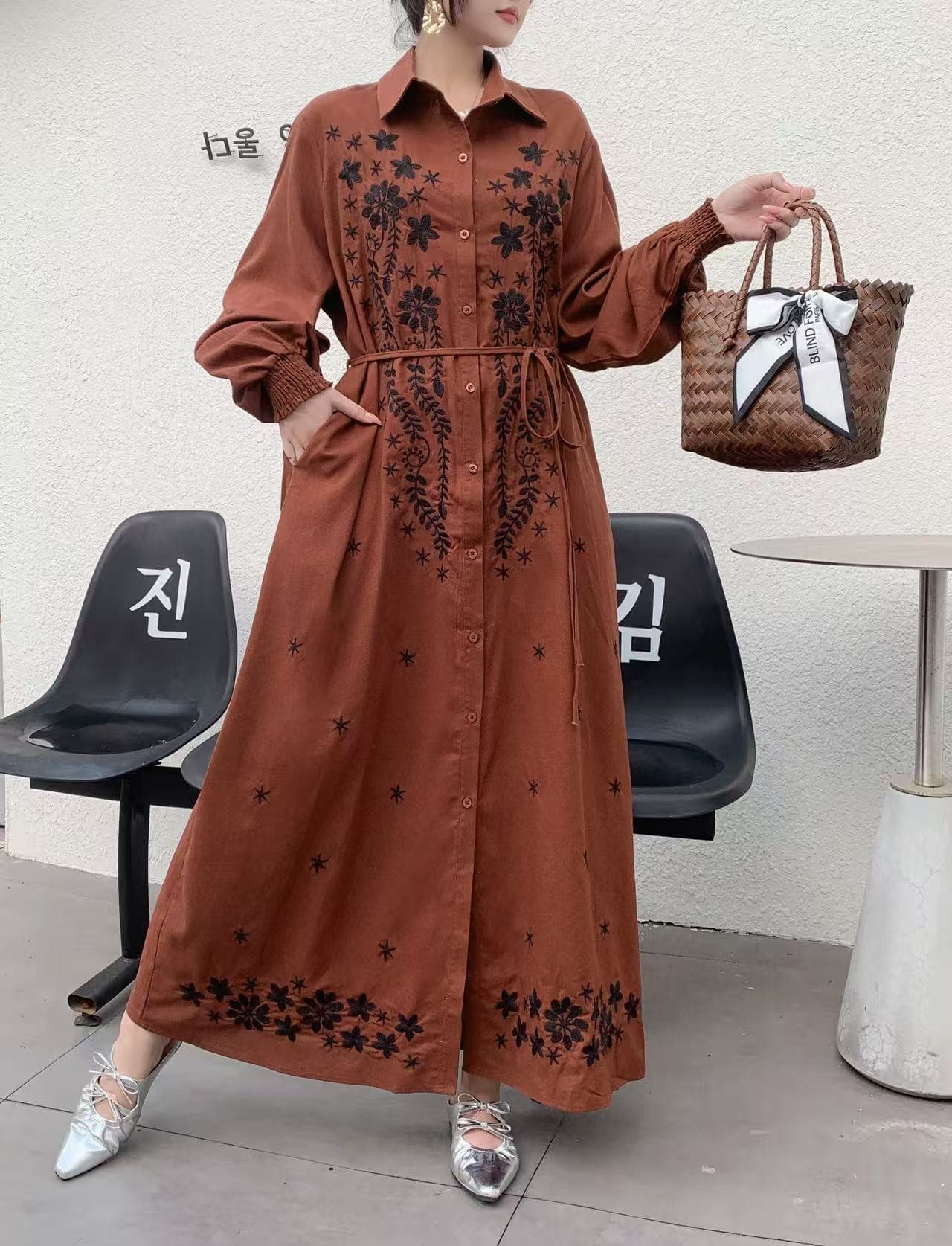 실사 꽃무늬 자수 몸매 가꾸기 종류 여름 긴팔 폴로 칼라 허리 수축 슬림해 보이는 한 마디 여성 드레스 상세 이미지 8