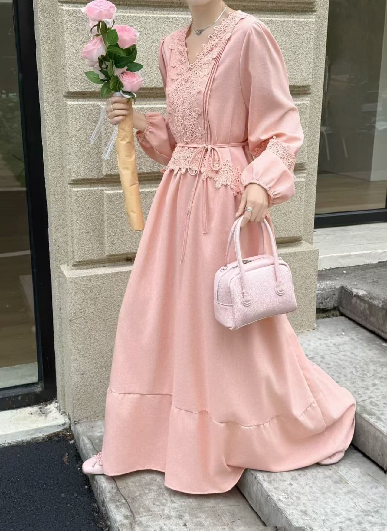 실사 스트랩 허리 수축 한 마디 롱 스커트 프랑스식 부드러운 바람 벌룬 소매 자수 자수 여성 드레스 상세 이미지 3