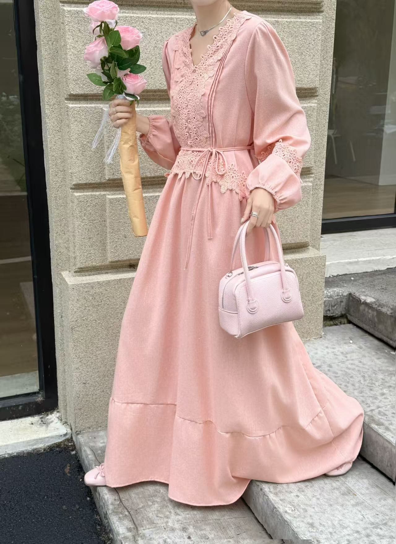 실사 스트랩 허리 수축 한 마디 롱 스커트 프랑스식 부드러운 바람 벌룬 소매 자수 자수 여성 드레스 상세 이미지 13