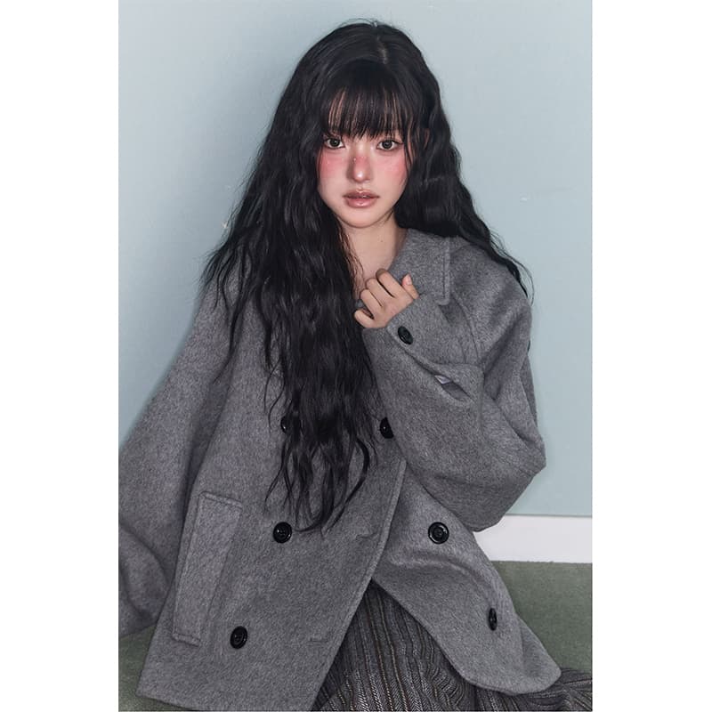 한국 ins 루즈핏 이중 버튼 후드 모직 코트 재킷 상세 이미지 1