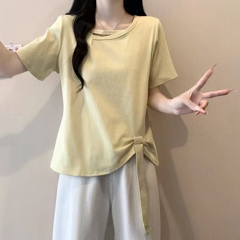슬림해 보이는 캐주얼 바람 반팔 티셔츠 여성 의류 여름 지방 mm 핫픽스 불규칙 밑단 레이스업 슬림해 보이는 표지 고기 맨위 상세 이미지 1