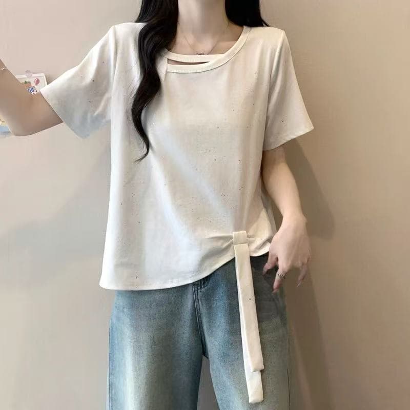 슬림해 보이는 캐주얼 바람 반팔 티셔츠 여성 의류 여름 지방 mm 핫픽스 불규칙 밑단 레이스업 슬림해 보이는 표지 고기 맨위 상세 이미지 2