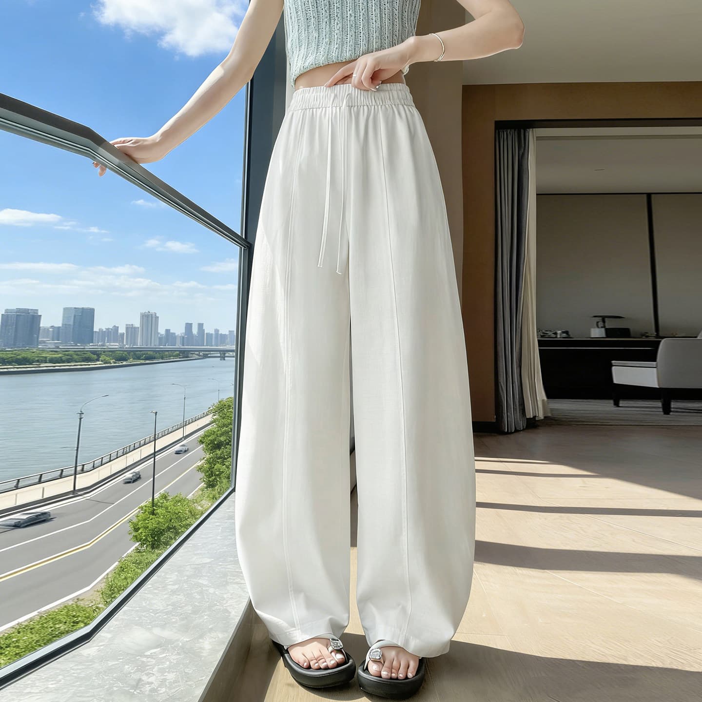 빅 사이즈 오래된 돈 바람 얼음 실크 와이드 레깅스 바지 2026 여름 얇은 스타일 하이웨이스트 루즈핏 바닥 청소 스트레이트 모통이 칼 바지