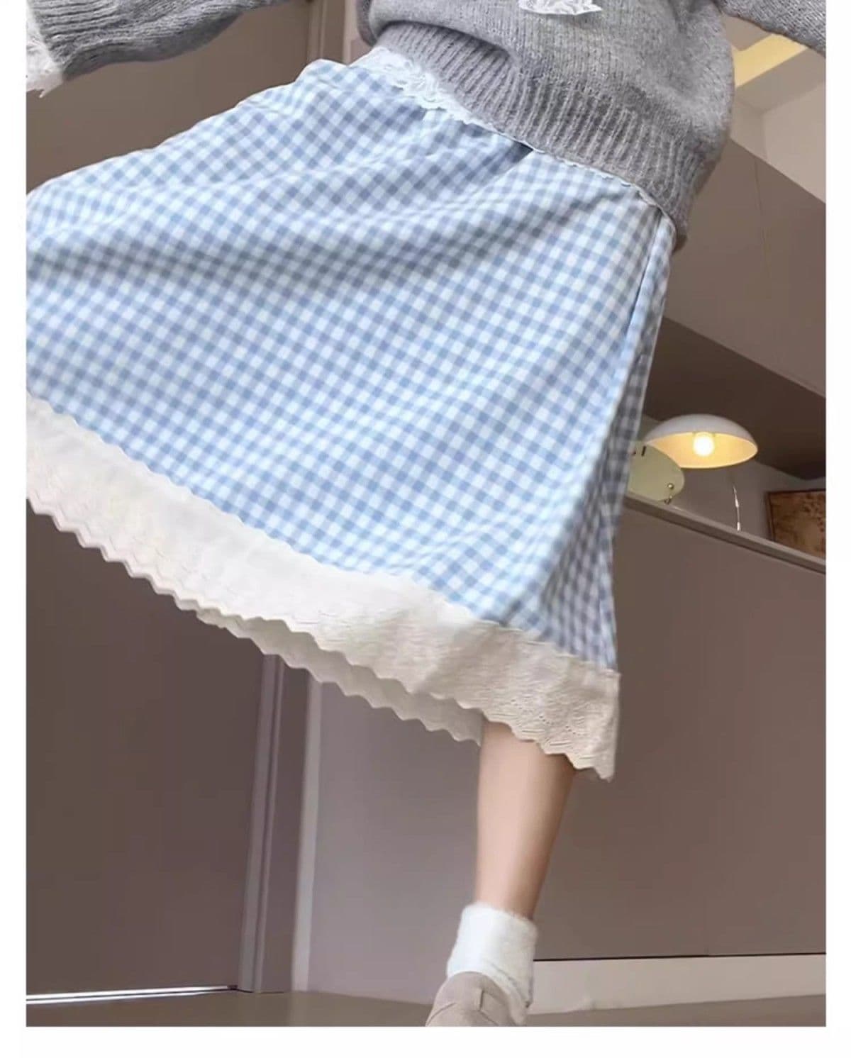 빅 사이즈 원본 마 얼굴 체크무늬 트렌드 패션 파란색 반신 스커트 여성 여름 레이스 레이스 패치워크 한 마디 우산 치마 상세 이미지 5