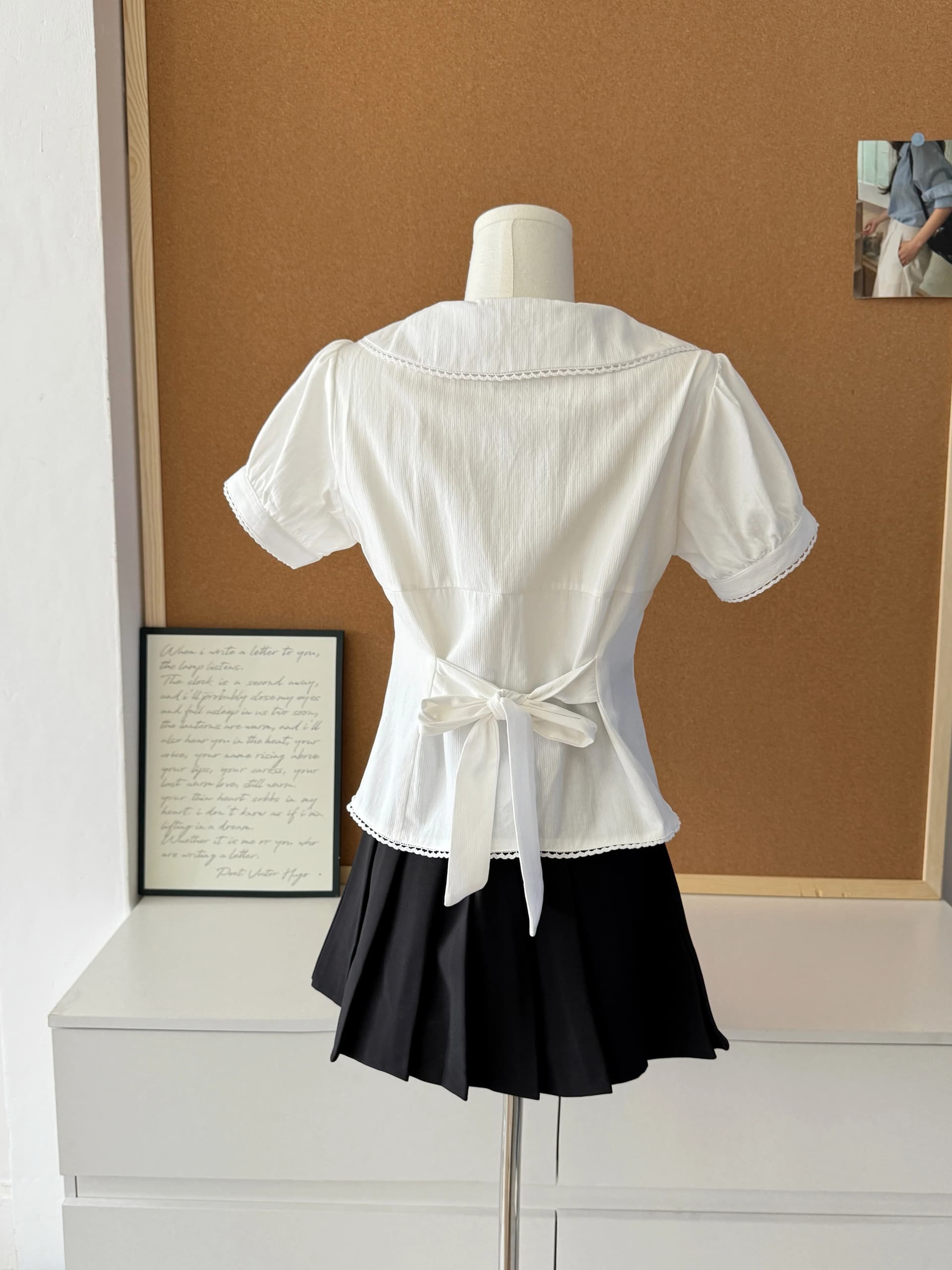 한 부서 순면 화이트 베이비 칼라 여성 셔츠 여름 레이스 레이스 반팔 셔츠 허리 수축 몸매 가꾸기 쇼트 스타일 맨위 이미지 4
