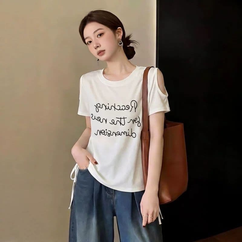 빅 사이즈 캐주얼 바람 알파벳 프린트 반팔 티셔츠 여성 여름 빅 사이즈 지방 mm 느긋한 레트로 펌프 로프 오프숄더 맨위