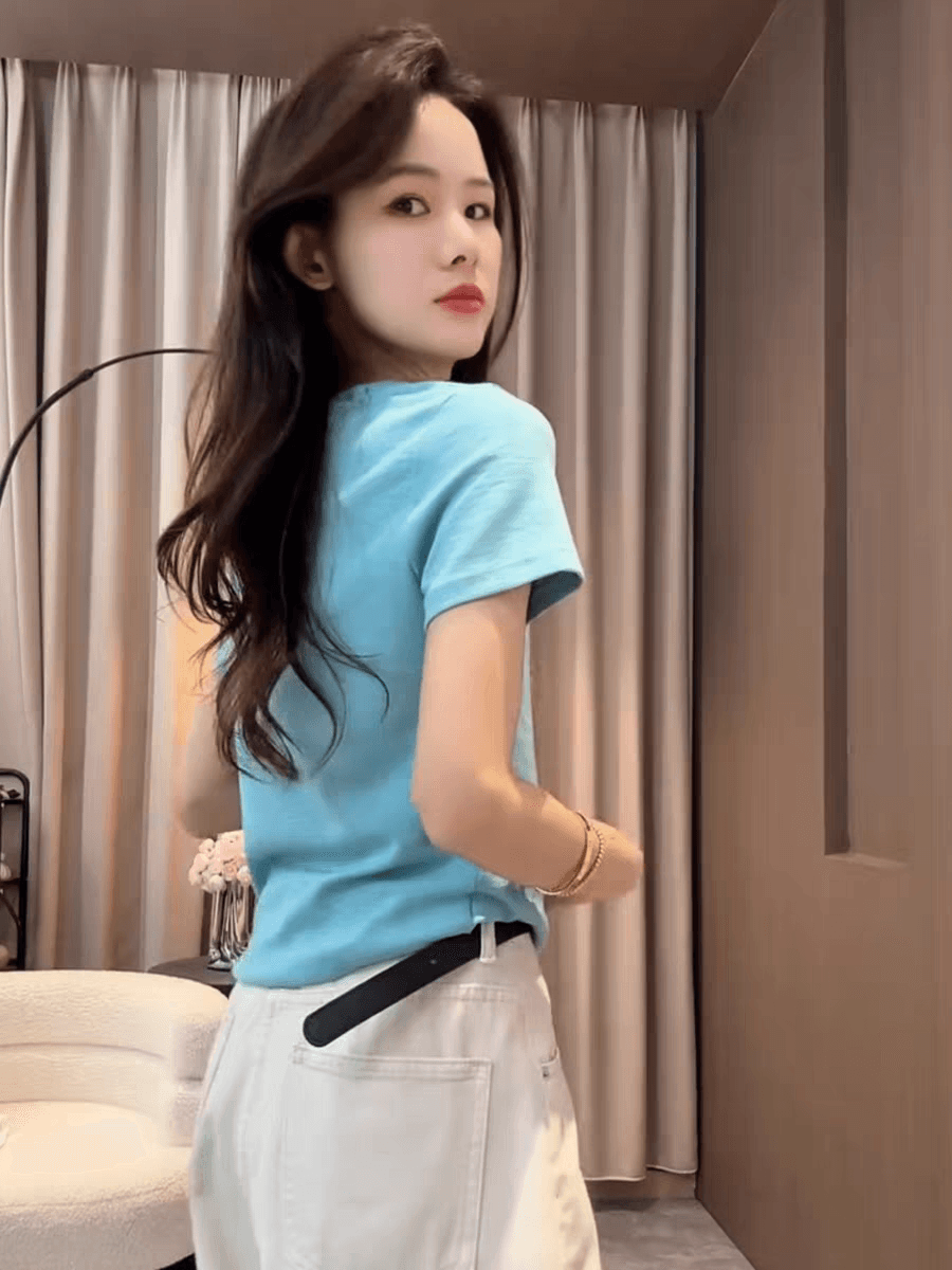 빅 사이즈 패션 u 칼라 반팔 레이크 블루 색상 맨위 여름 새로운 한 부서 작은 키 외국 가스 연령 감소 반팔 티셔츠 여성 상세 이미지 4