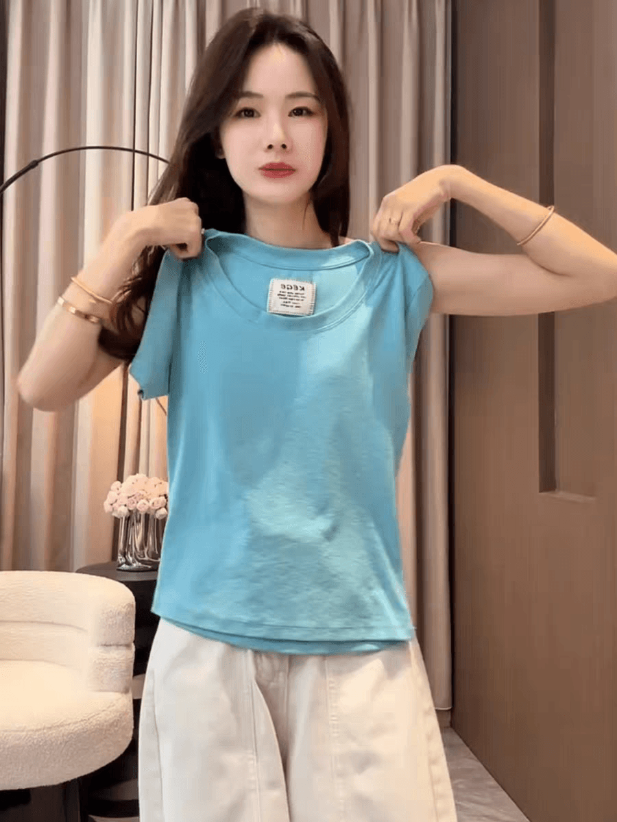 빅 사이즈 패션 u 칼라 반팔 레이크 블루 색상 맨위 여름 새로운 한 부서 작은 키 외국 가스 연령 감소 반팔 티셔츠 여성 상세 이미지 5