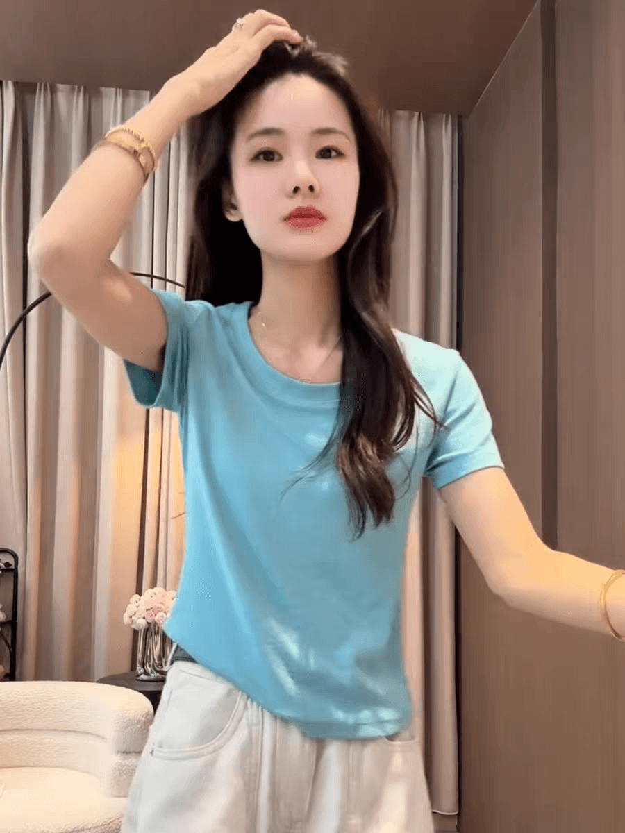 빅 사이즈 패션 u 칼라 반팔 레이크 블루 색상 맨위 여름 새로운 한 부서 작은 키 외국 가스 연령 감소 반팔 티셔츠 여성 상세 이미지 7
