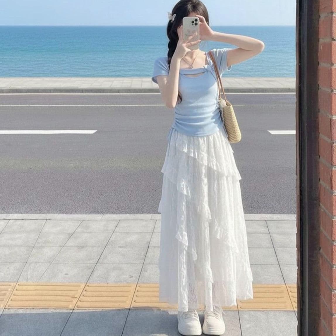 슬림해 보이는 여름 분위기 센스 달콤함 착용 가져 가라. 해변가 레이스 조각 길다 치마 2026 새로운 자이언트 잘 생긴 반신 스커트