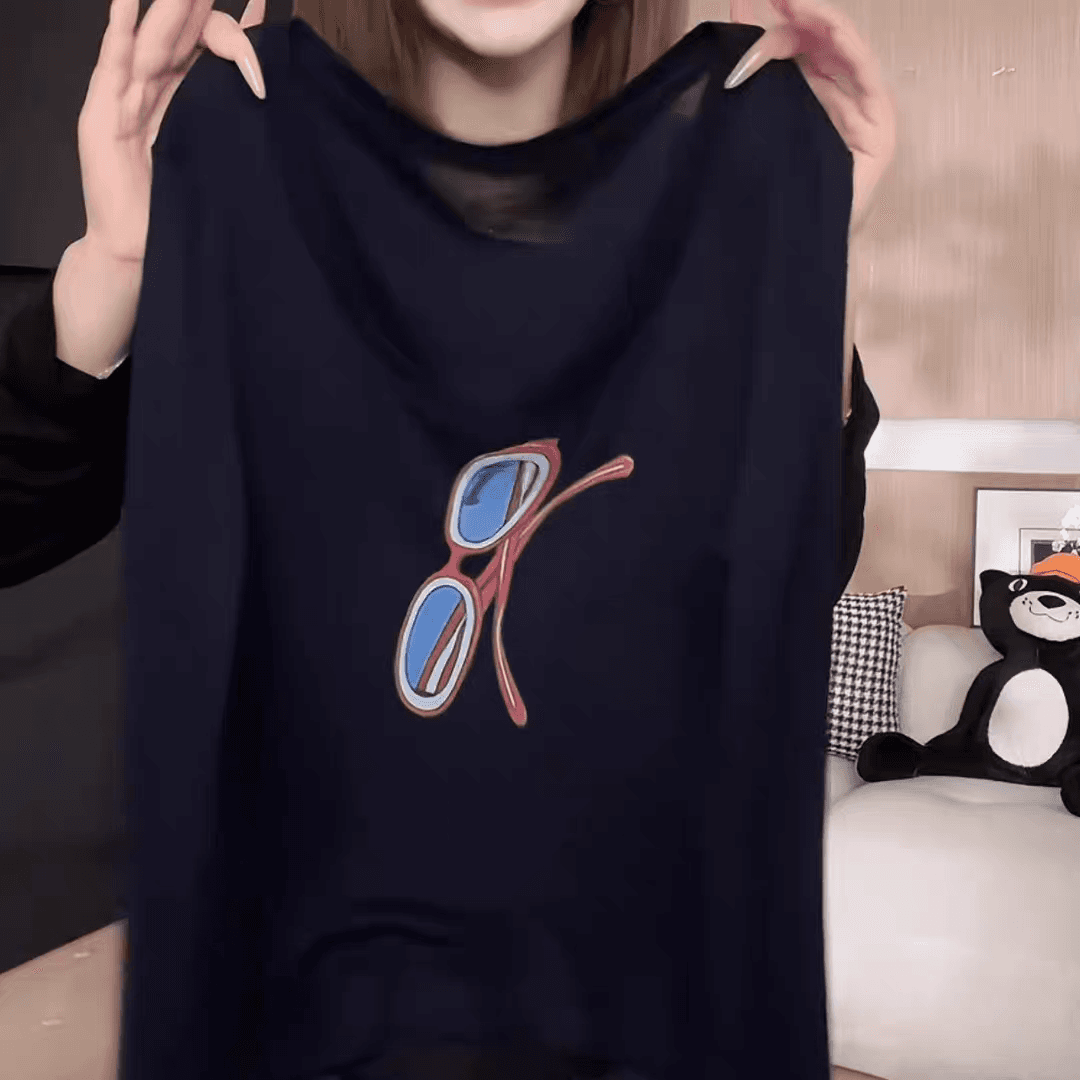 안경 V넥 새로운 2026 봄 여름 프린트 루즈핏 디자이너 패션 긴팔 티셔츠 자외선 차단 의류 이미지 2