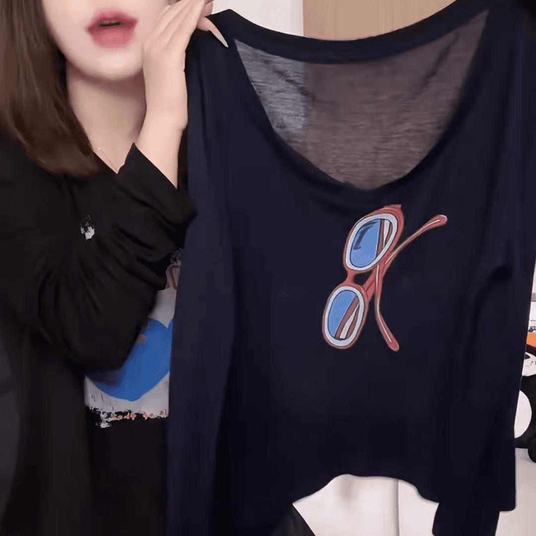 안경 V넥 새로운 2026 봄 여름 프린트 루즈핏 디자이너 패션 긴팔 티셔츠 자외선 차단 의류 상세 이미지 3