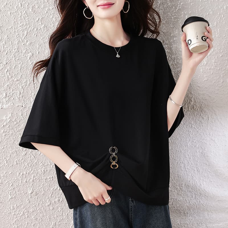 실사 2026 여름 새로운 빅 사이즈 여성 의류 지방 mm 미니멀리즘 패션 루즈핏 표지 고기 슬림해 보이는 맨위 다용도 티셔츠 이미지 4
