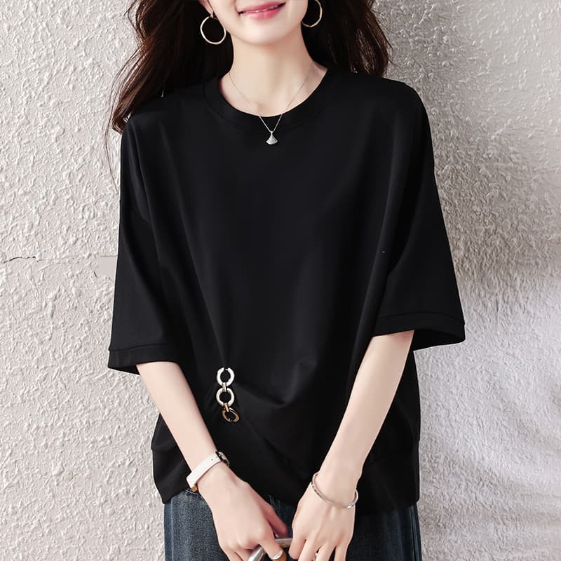 실사 2026 여름 새로운 빅 사이즈 여성 의류 지방 mm 미니멀리즘 패션 루즈핏 표지 고기 슬림해 보이는 맨위 다용도 티셔츠 이미지 5