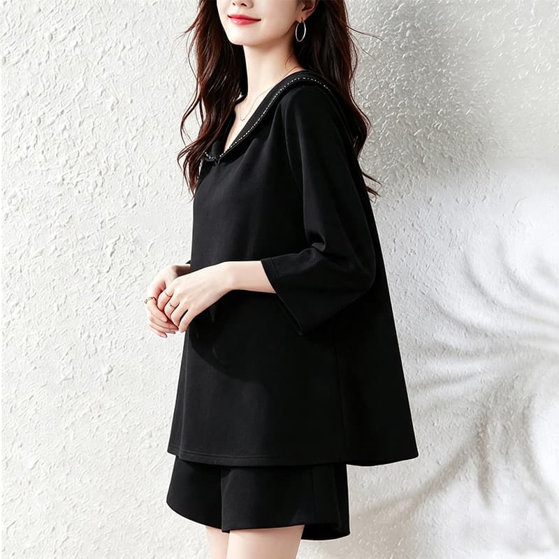 실사 2026 이른 가을 새로운 품격 검정색 비즈 박기 7부 소매 티셔츠 여성 새로운 루즈핏 표지 고기 슬림해 보이는 맨위 이미지 4