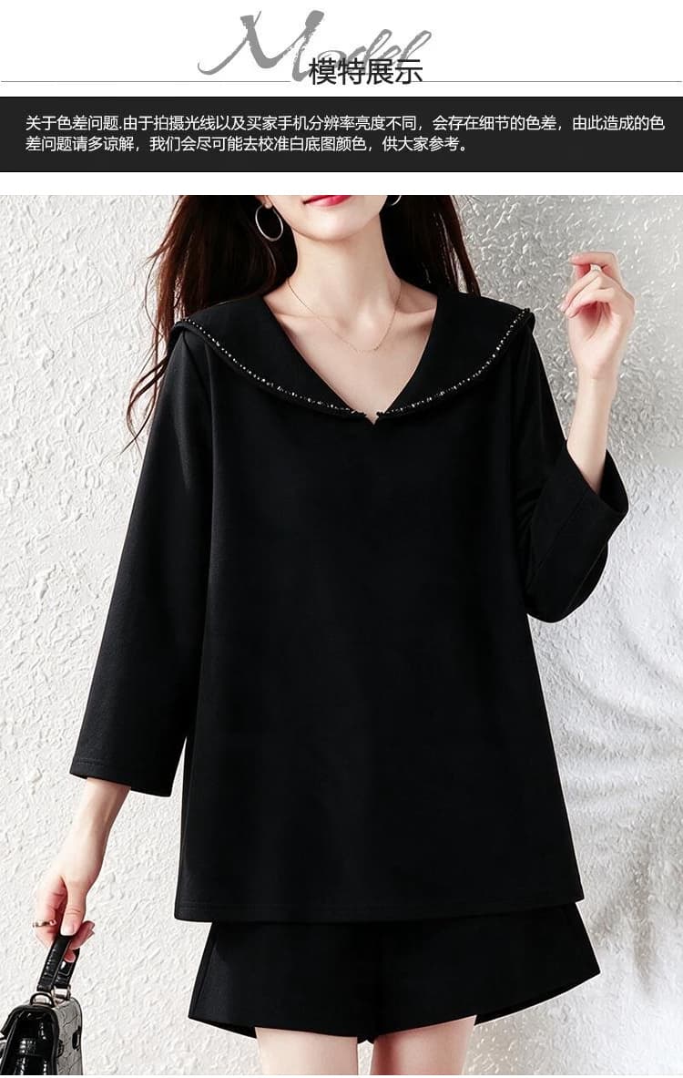실사 2026 이른 가을 새로운 품격 검정색 비즈 박기 7부 소매 티셔츠 여성 새로운 루즈핏 표지 고기 슬림해 보이는 맨위 상세 이미지 9