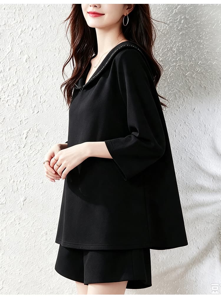 실사 2026 이른 가을 새로운 품격 검정색 비즈 박기 7부 소매 티셔츠 여성 새로운 루즈핏 표지 고기 슬림해 보이는 맨위 상세 이미지 13