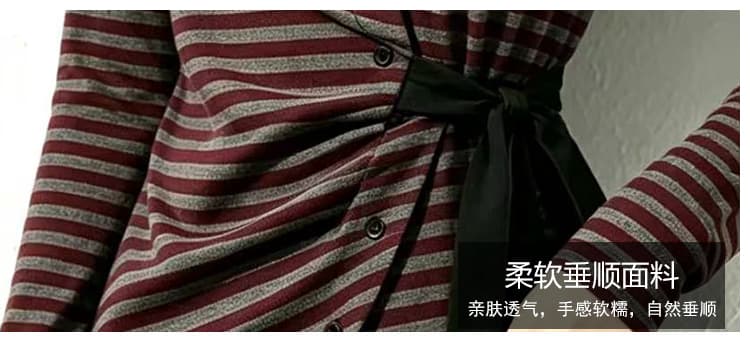 실사 2026 가을 새로운 스트라이프 허리 수축 레이스업 표지 고기 슬림해 보이는 통통한 여동생 빅 사이즈 티셔츠 맨위 상세 이미지 5