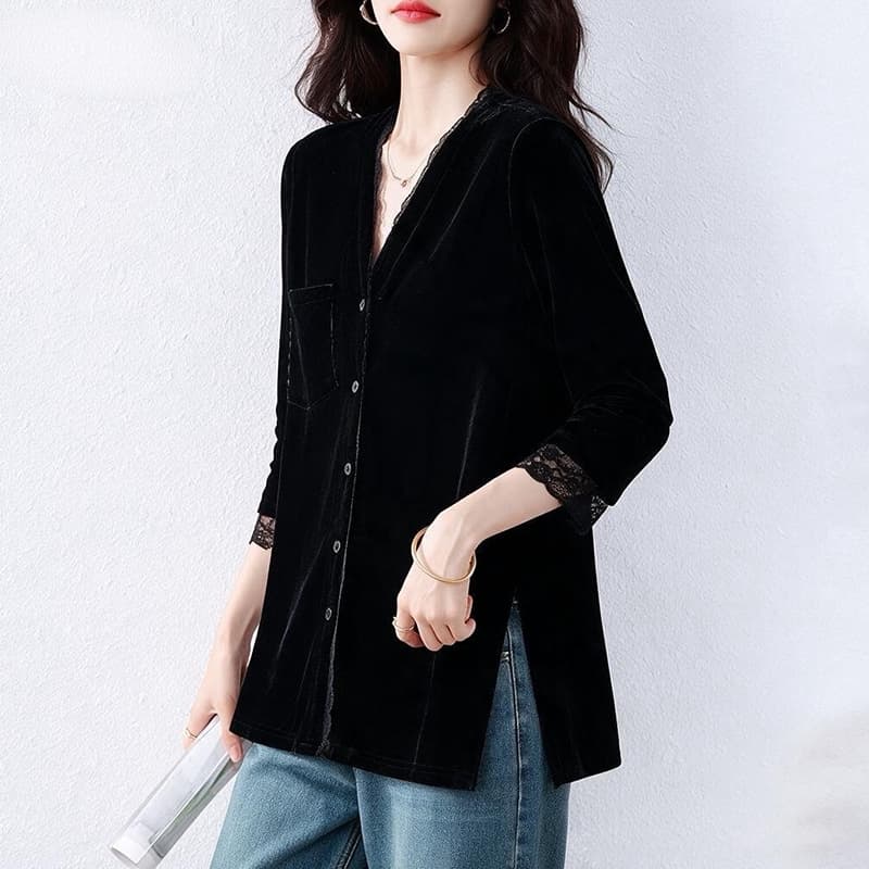 빅 사이즈 여성 의류 레이스 조각 V넥 검정색 벨벳 셔츠 2026 새로운 이른 가을 지방 mm 표지 고기 슬림해 보이는 맨위 이미지 4