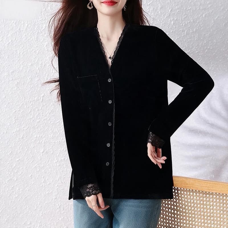 빅 사이즈 여성 의류 레이스 조각 V넥 검정색 벨벳 셔츠 2026 새로운 이른 가을 지방 mm 표지 고기 슬림해 보이는 맨위 이미지 5