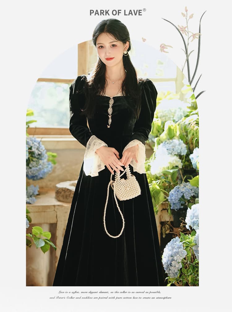 실사 프랑스식 레이스 검정색 벨벳 드레스 기본 스커트 가을 겨울 요정 치마 상세 이미지 4