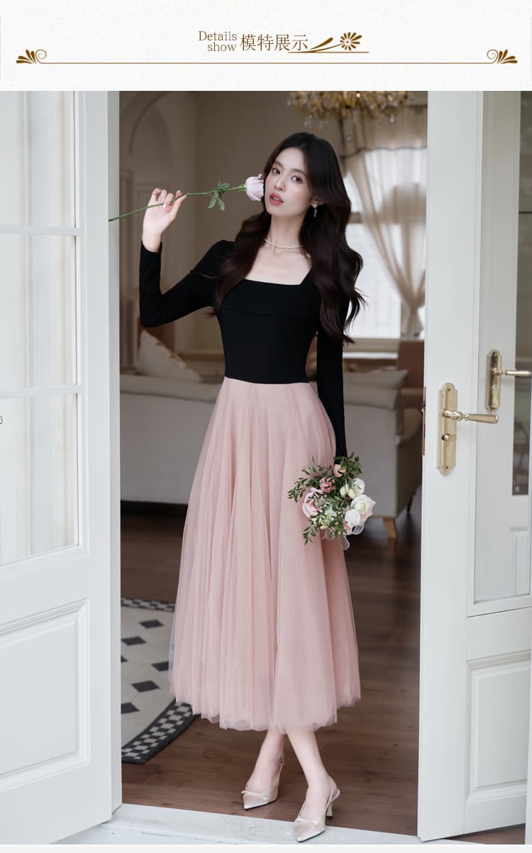 실사 프랑스식 드레스 발레 치마 롱 스커트 가을 겨울 기본 스커트 광장 칼라 상세 이미지 3