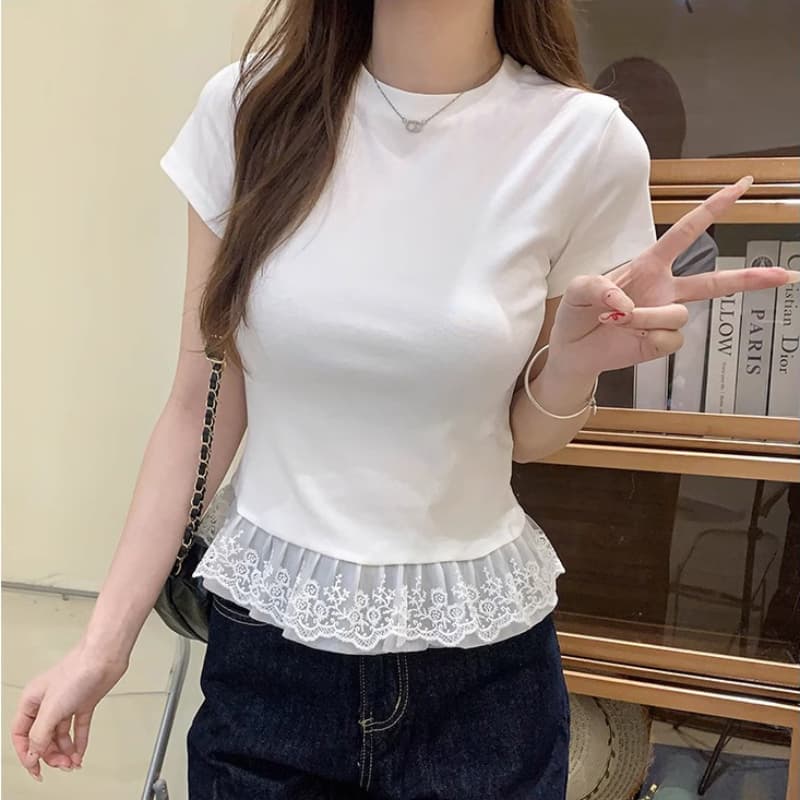 한국 스타일 레이스 밑단 레이스 라운드 넥 단색 반팔 티셔츠 인사이드 가져 가라. 스택 착용 발레 여름 새로운 맨위 여성 이미지 4