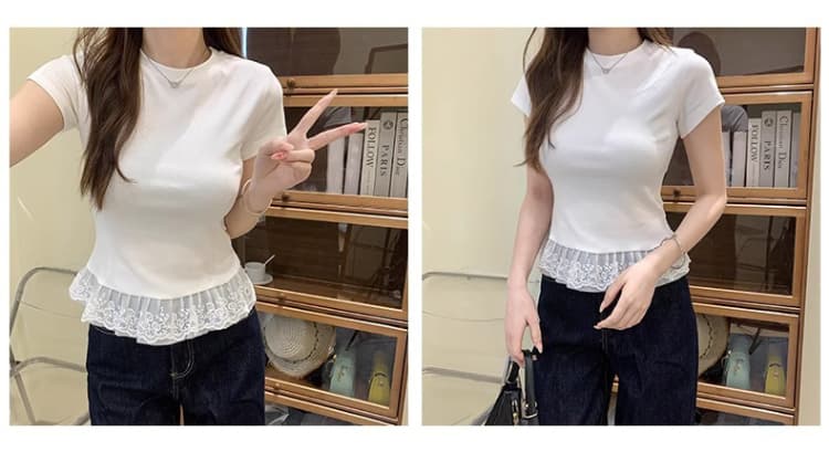 한국 스타일 레이스 밑단 레이스 라운드 넥 단색 반팔 티셔츠 인사이드 가져 가라. 스택 착용 발레 여름 새로운 맨위 여성 상세 이미지 4