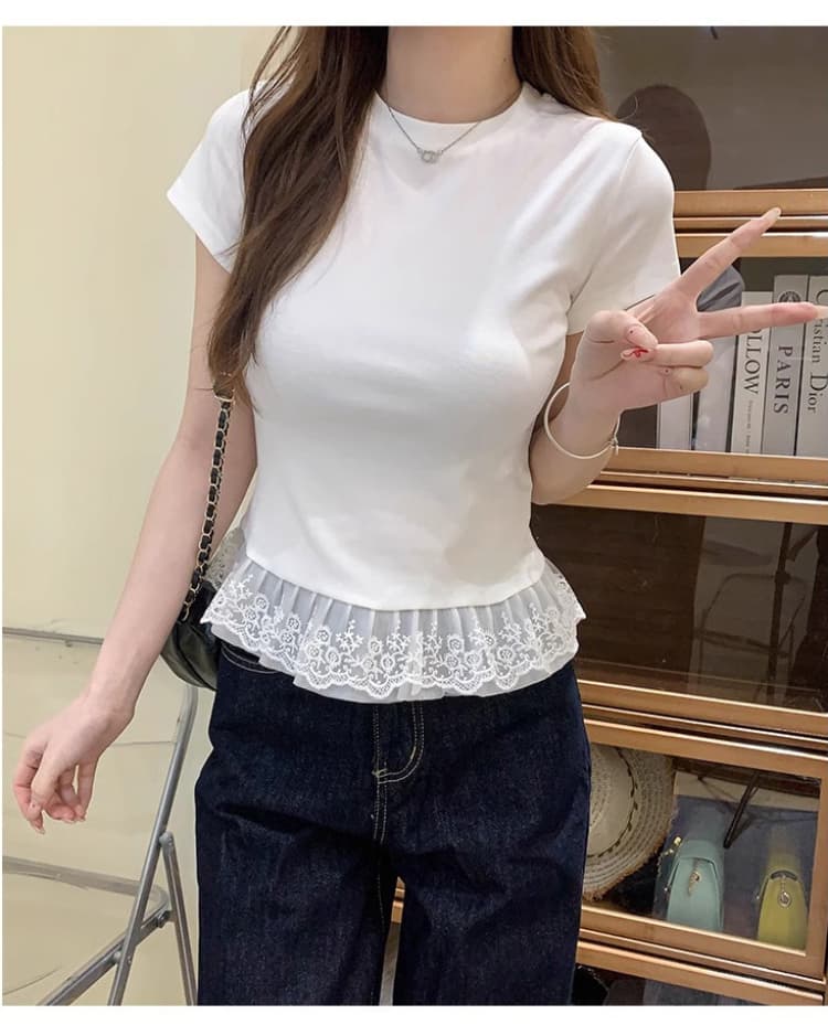 한국 스타일 레이스 밑단 레이스 라운드 넥 단색 반팔 티셔츠 인사이드 가져 가라. 스택 착용 발레 여름 새로운 맨위 여성 상세 이미지 7