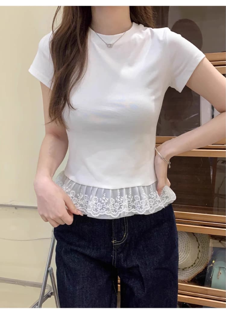 한국 스타일 레이스 밑단 레이스 라운드 넥 단색 반팔 티셔츠 인사이드 가져 가라. 스택 착용 발레 여름 새로운 맨위 여성 상세 이미지 8