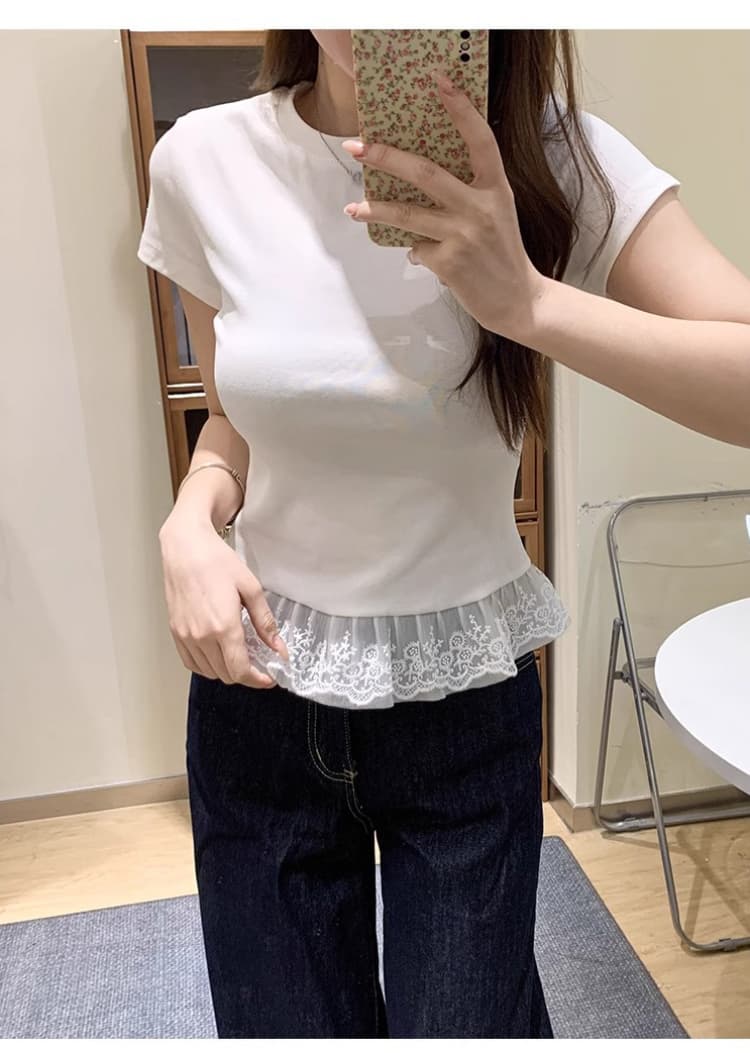 한국 스타일 레이스 밑단 레이스 라운드 넥 단색 반팔 티셔츠 인사이드 가져 가라. 스택 착용 발레 여름 새로운 맨위 여성 상세 이미지 9