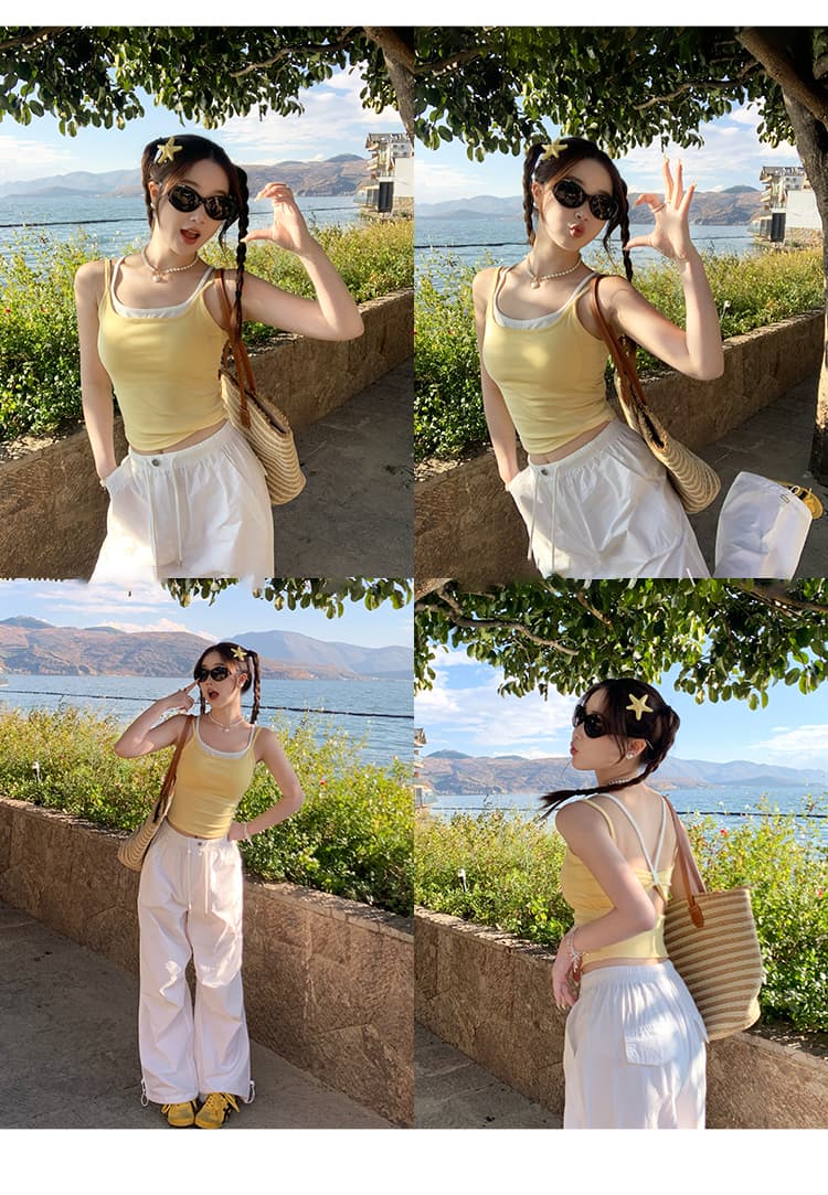 나비 매듭 홀로우 아웃 뒤로 하나 컵 캐미솔 페이크 레이어드 맨위 슬림해 보이는 한국 스타일 여름 새로운 아름다움 뒤로 상세 이미지 5