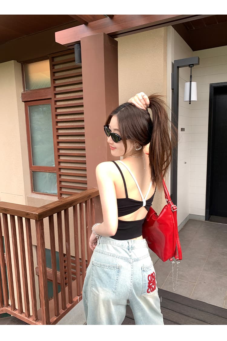 나비 매듭 홀로우 아웃 뒤로 하나 컵 캐미솔 페이크 레이어드 맨위 슬림해 보이는 한국 스타일 여름 새로운 아름다움 뒤로 상세 이미지 6