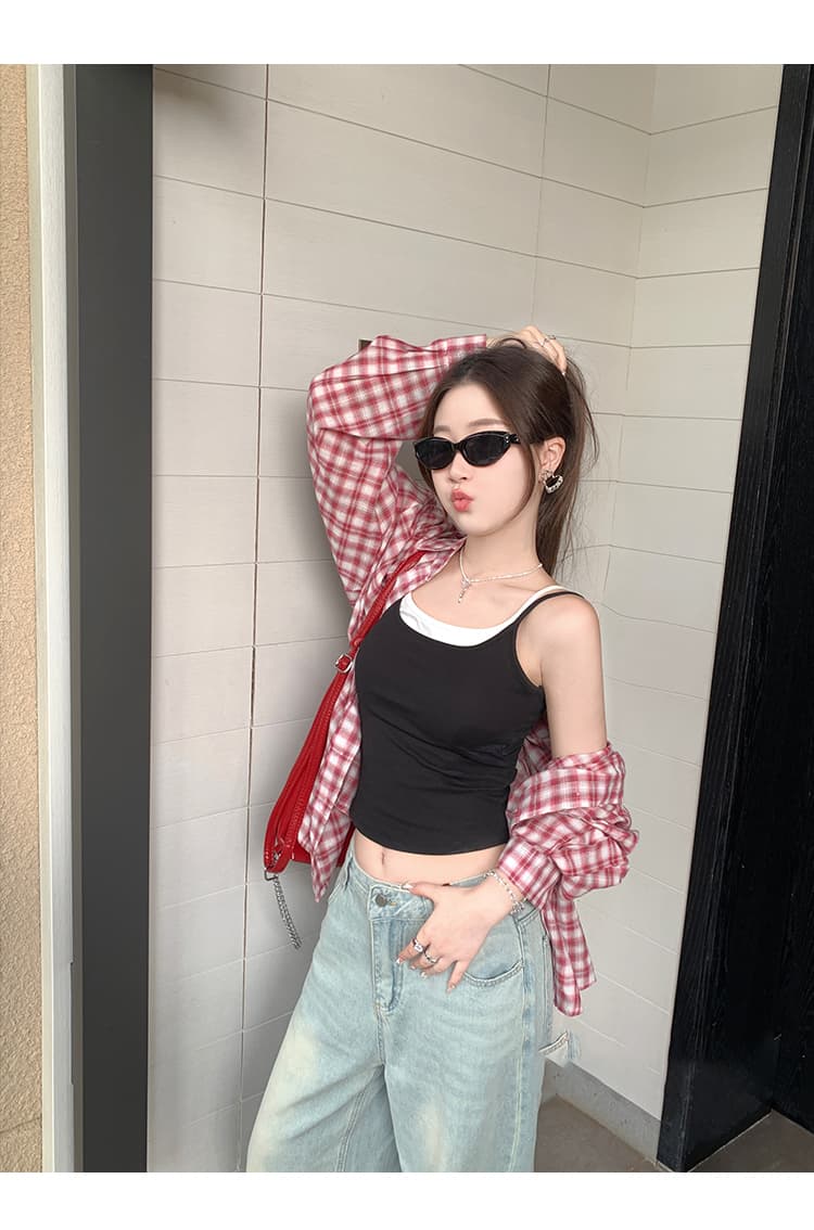 나비 매듭 홀로우 아웃 뒤로 하나 컵 캐미솔 페이크 레이어드 맨위 슬림해 보이는 한국 스타일 여름 새로운 아름다움 뒤로 상세 이미지 7