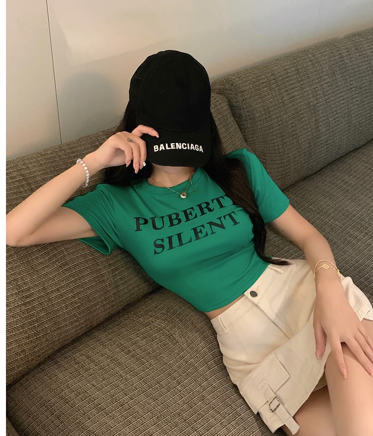 실사 한국 스타일 단색 디자인 센스 작은 대중 프린트 맨위 여름 배색 어깨 패드 반팔 쇼트 스타일 긍정적 인 어깨 티셔츠 여성 상세 이미지 11