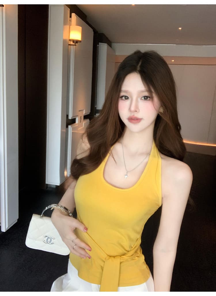 여름 핫걸 황색 비스듬한 칼라 행침 목 반팔 티셔츠 비스듬한 칼라 몸매 가꾸기 슬림해 보이는 나비 매듭 도트 무늬 만나는 맨위 여성 상세 이미지 4