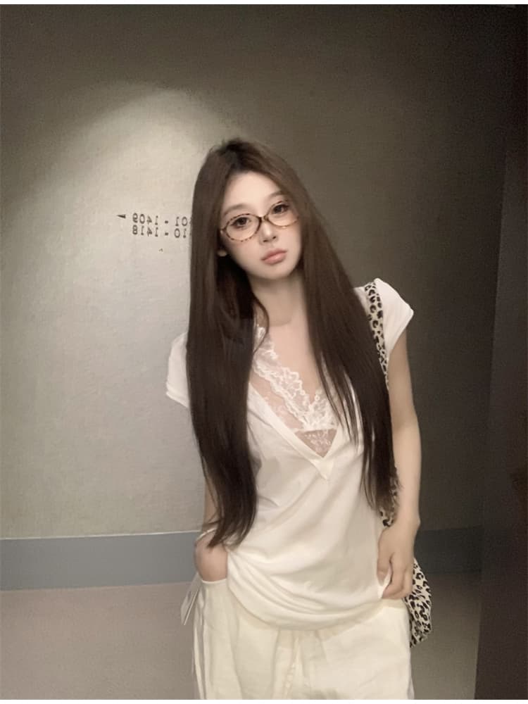 한국 스타일 여름 레이스 얇은 스타일 깊은 V 넥 반팔 티셔츠 여성 몸매 가꾸기 슬림해 보이는 스택 착용 핫걸 작은 대중 다용도 맨위 상세 이미지 9