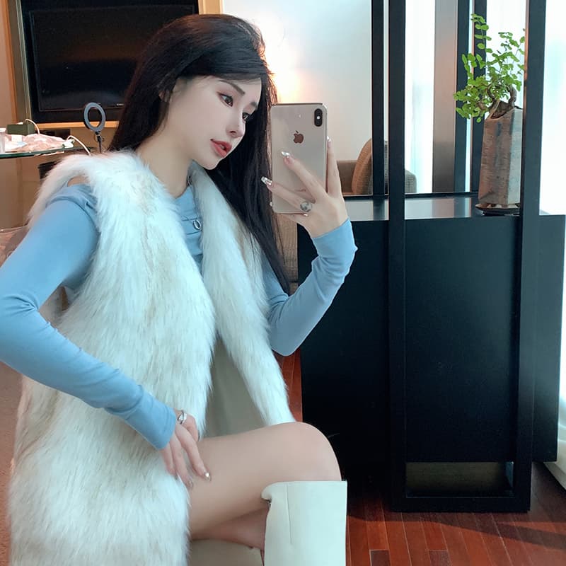 실사 가을 겨울 새로운 한국 스타일 환경 보호 모피 모방 폭스 염색 마오쩌뚱 모피 조끼 여자 조끼 외부 가져 가라. 중간 길이 이미지 4