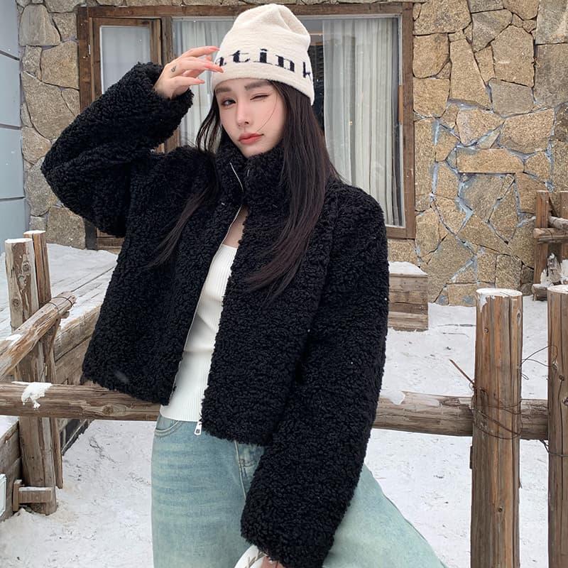 실사 한국 스타일 쇼트 스타일 겨울 양털 여성 코트 스탠드 칼라 패션 캐주얼 루즈핏 재킷 오픈 가디건 모피 재킷 이미지 2