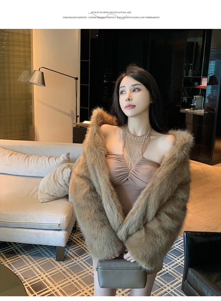 실사 겨울 한국 스타일 천 골드 단색 모피 새로운 세련된 핀란드 가져 오기 환경 보호 여우털 모피 여성 코트 상세 이미지 21