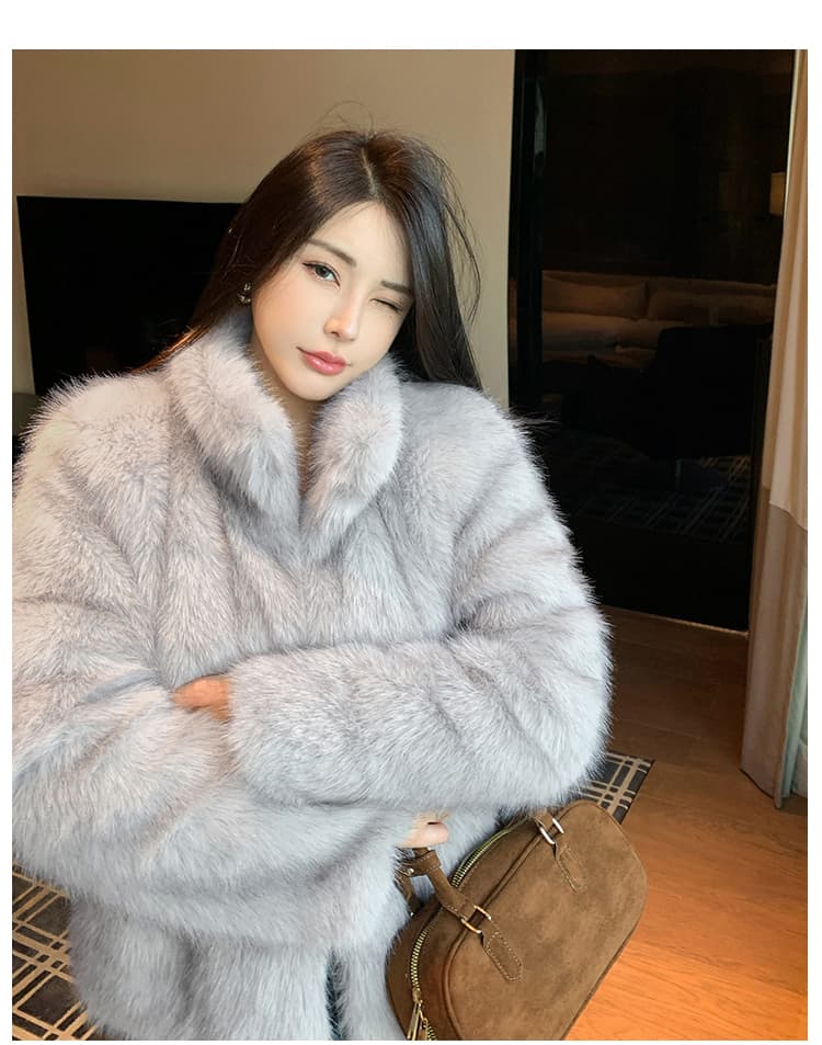 실사 겨울 한국 스타일 천 골드 단색 모피 새로운 세련된 핀란드 가져 오기 환경 보호 여우털 모피 여성 코트 상세 이미지 29