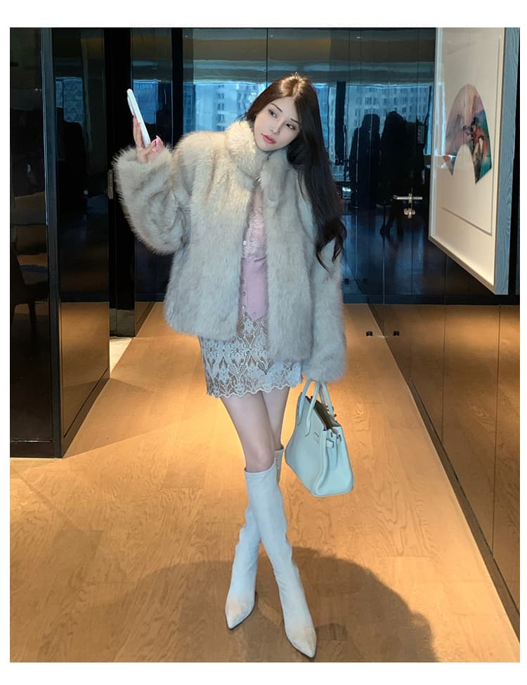 실사 겨울 한국 스타일 천 골드 단색 모피 새로운 세련된 핀란드 가져 오기 환경 보호 여우털 모피 여성 코트 상세 이미지 37