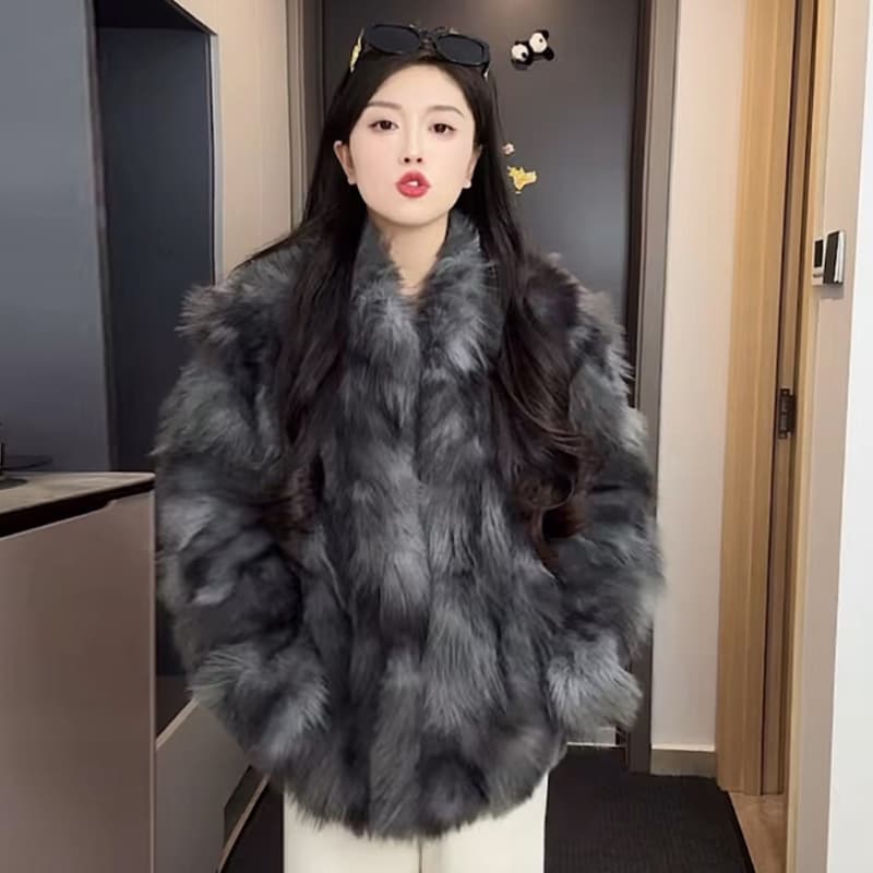 환경 보호 여우털 모피 여성 겨울 새로운 더블 색상 고급 센스 품격 쇼트 스타일 두꺼운 보온 모방 모피 재킷 이미지 3