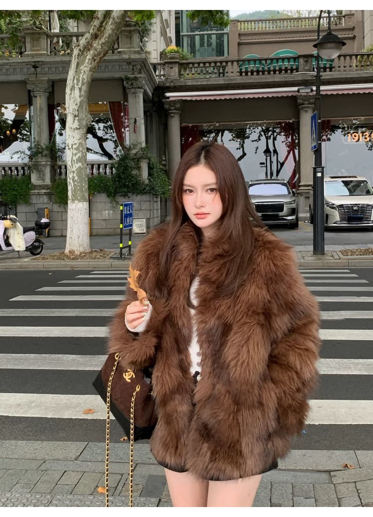 jkichi seeubaby 한국 스타일 레트로 더블 색 후광 염색 스탠드 칼라 환경 보호 털이 많은 품격 외투 여성 상세 이미지 13