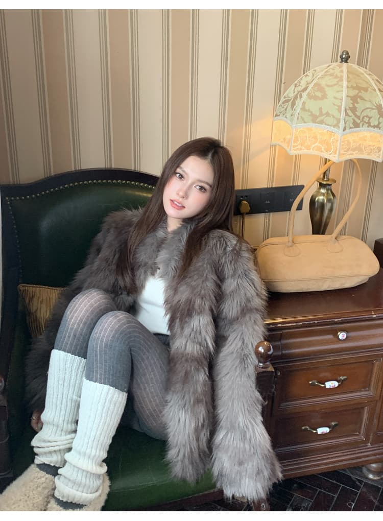 jkichi seeubaby 한국 스타일 레트로 더블 색 후광 염색 스탠드 칼라 환경 보호 털이 많은 품격 외투 여성 상세 이미지 29