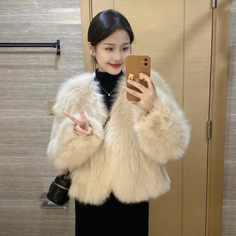 한국 스타일 새로운 모피 재킷 환경 보호 여우털 두꺼운 모피 코트 모조 모피 V넥 맨위 여성