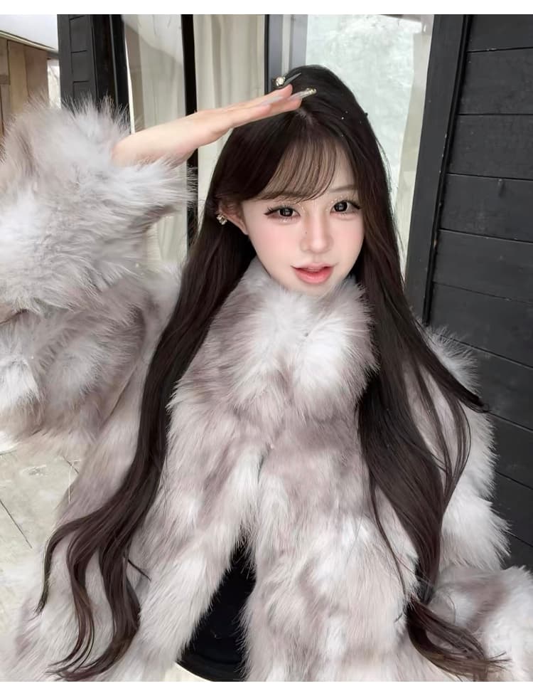 여성 스타 폭스 환경 보호 폭스 배 털 모피 재킷 여성 더블 색 후광 염색 스탠드 칼라 겨울 모방 모피 코트 상세 이미지 19