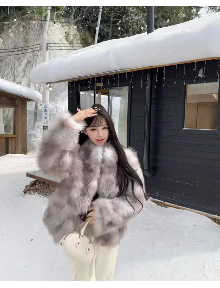 여성 스타 폭스 환경 보호 폭스 배 털 모피 재킷 여성 더블 색 후광 염색 스탠드 칼라 겨울 모방 모피 코트 상세 이미지 21