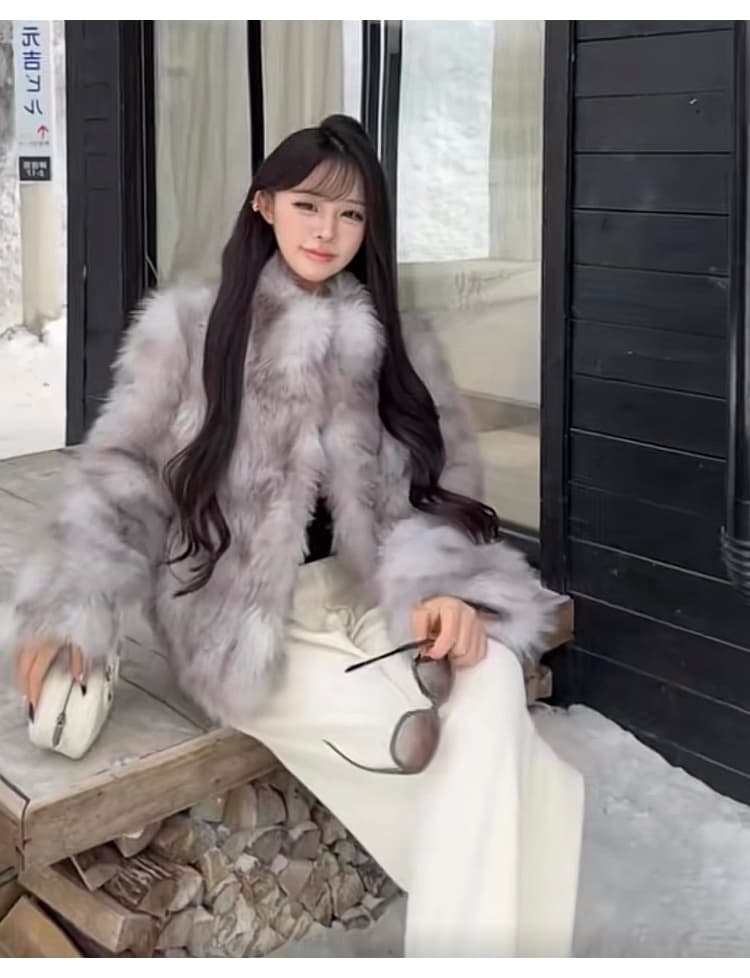 여성 스타 폭스 환경 보호 폭스 배 털 모피 재킷 여성 더블 색 후광 염색 스탠드 칼라 겨울 모방 모피 코트 상세 이미지 23